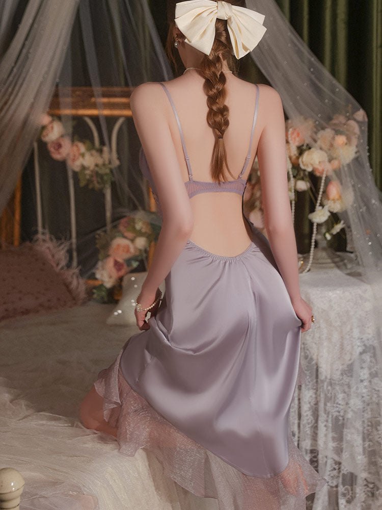 Embroidered Backless Satin Nightgown - Sexy Sleepwear for Women
