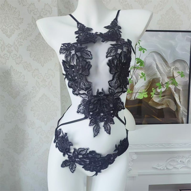 Embroidered Lace Jumpsuit Set - Garter Lingerie Set