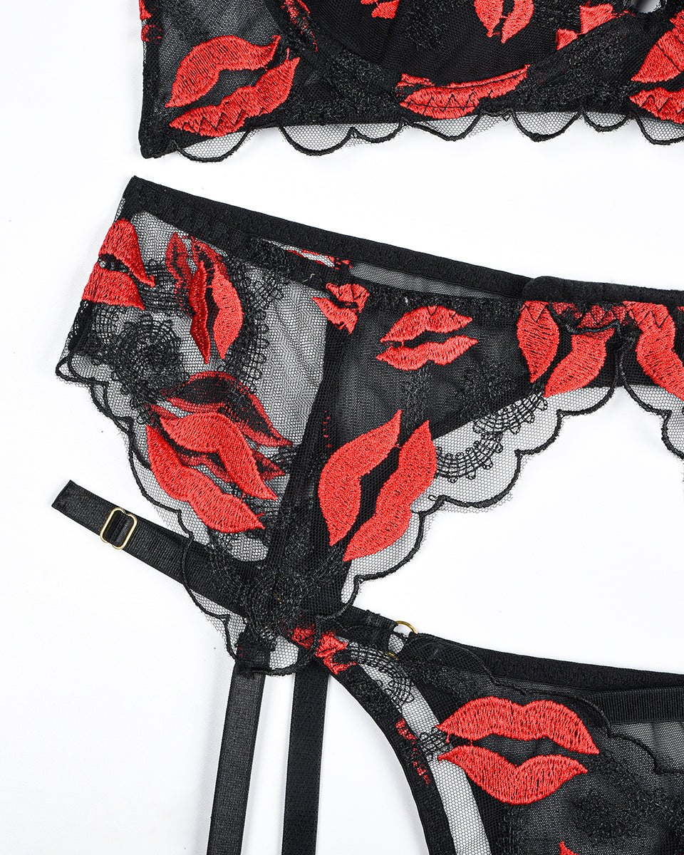 Embroidered Garter Belt Set - Garter Lingerie Set