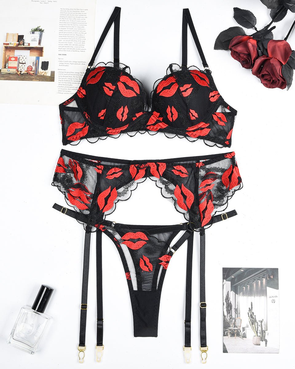 Embroidered Garter Belt Set - Garter Lingerie Set