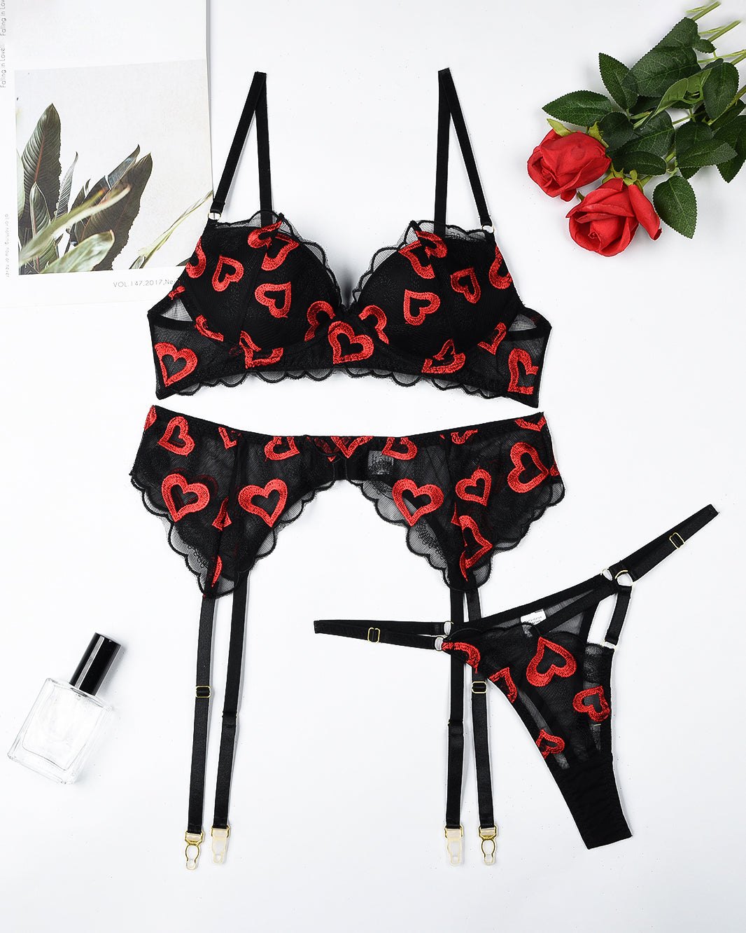 Embroidered Garter Belt Set - Garter Lingerie Set