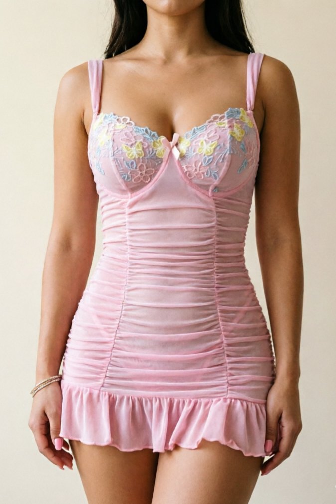 Embroidered Mesh Suspender Skirt - Chemise Lingerie