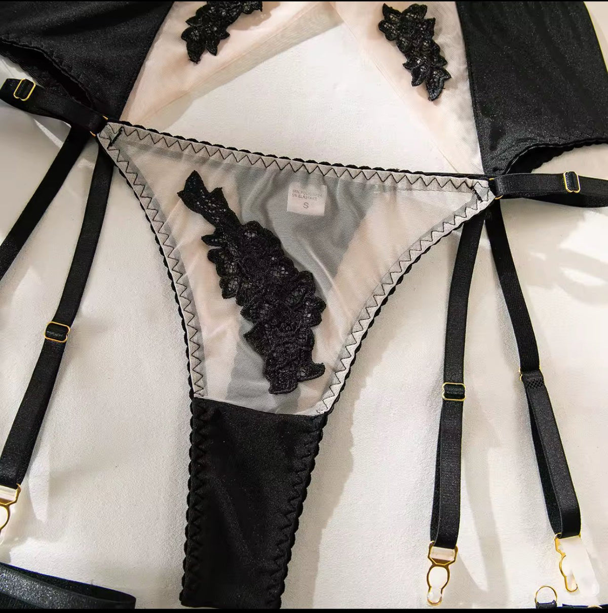 Embroidered Satin Lace Garter Set - Garter Lingerie Set