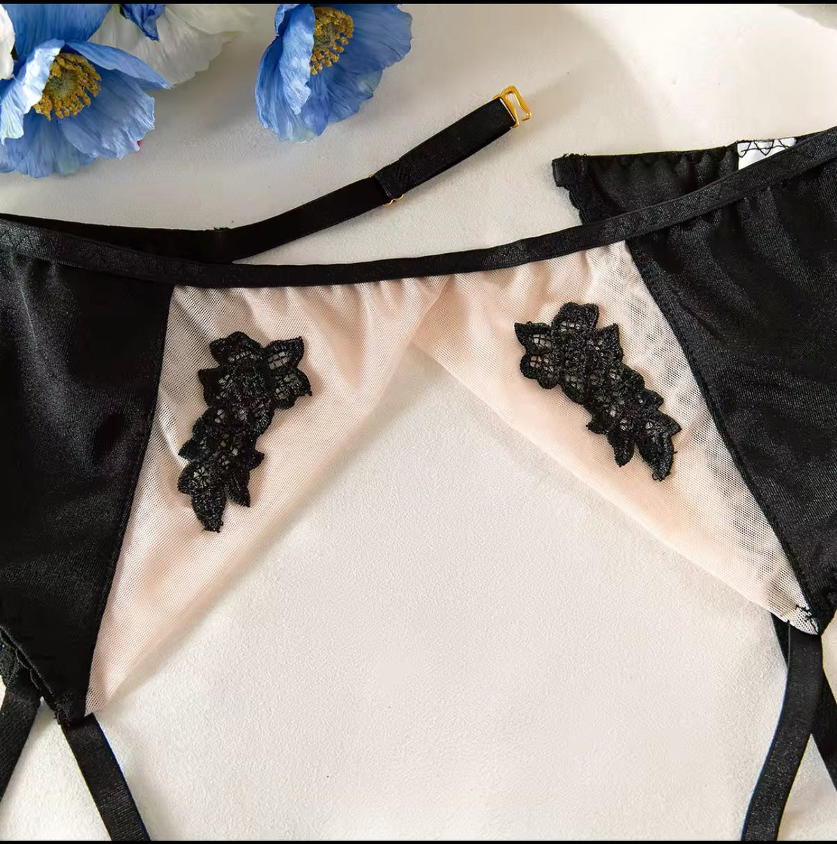 Embroidered Satin Lace Garter Set - Garter Lingerie Set