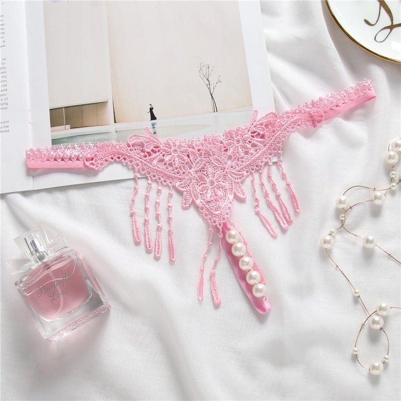 Embroidered Tassel Open Crotch Thong - Sexy G String Thong