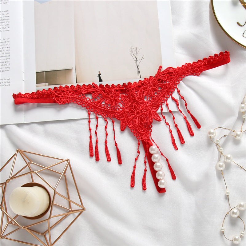 Embroidered Tassel Open Crotch Thong - Sexy G String Thong