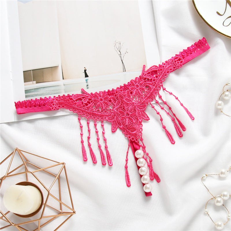 Embroidered Tassel Open Crotch Thong - Sexy G String Thong
