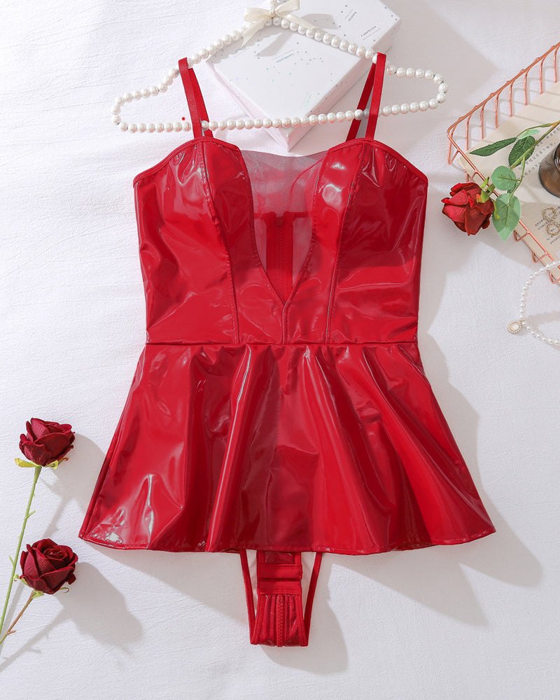 Faux Leather Bodycon Mini Bodysuit - Lingerie Bodysuit for Women