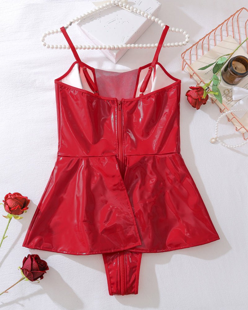 Faux Leather Bodycon Mini Bodysuit - Lingerie Bodysuit for Women