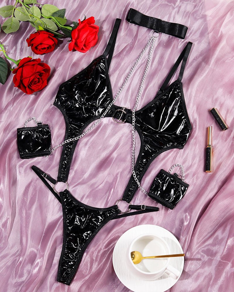 Faux Leather Chain Cutout Bodysuit - Lingerie Bodysuit for Women