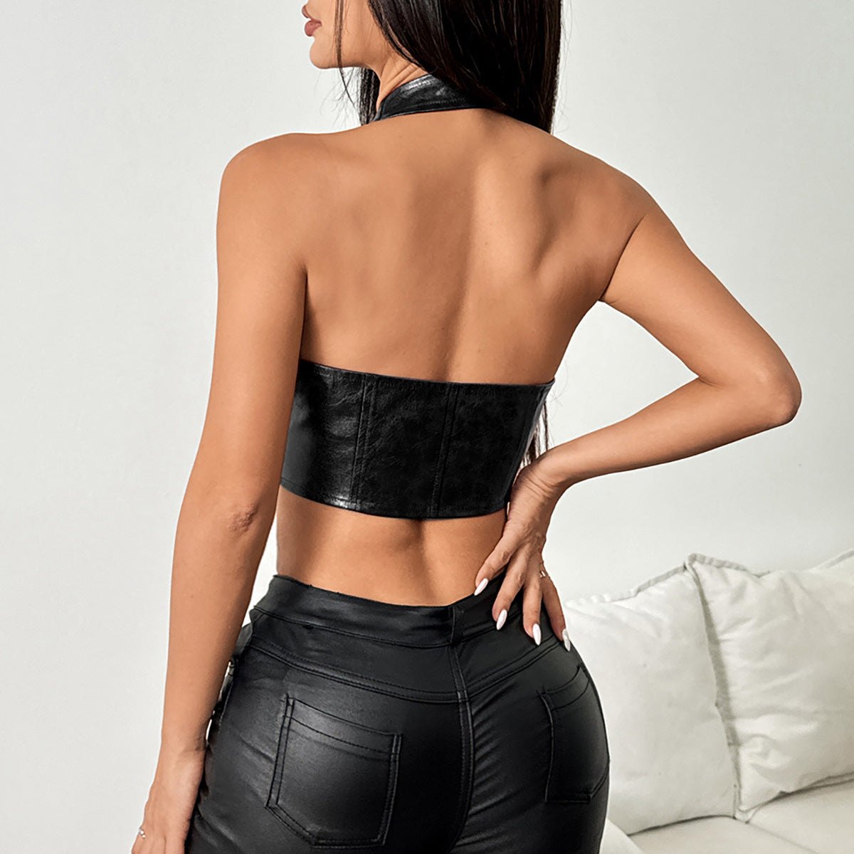 Faux Leather Halter Corset Vest - Bustier Lingerie Top
