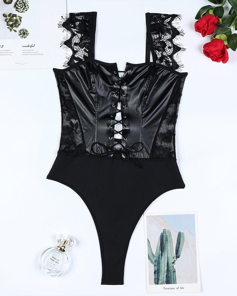 Faux Leather Lace Camisole Bodysuit - Lingerie Bodysuit for Women
