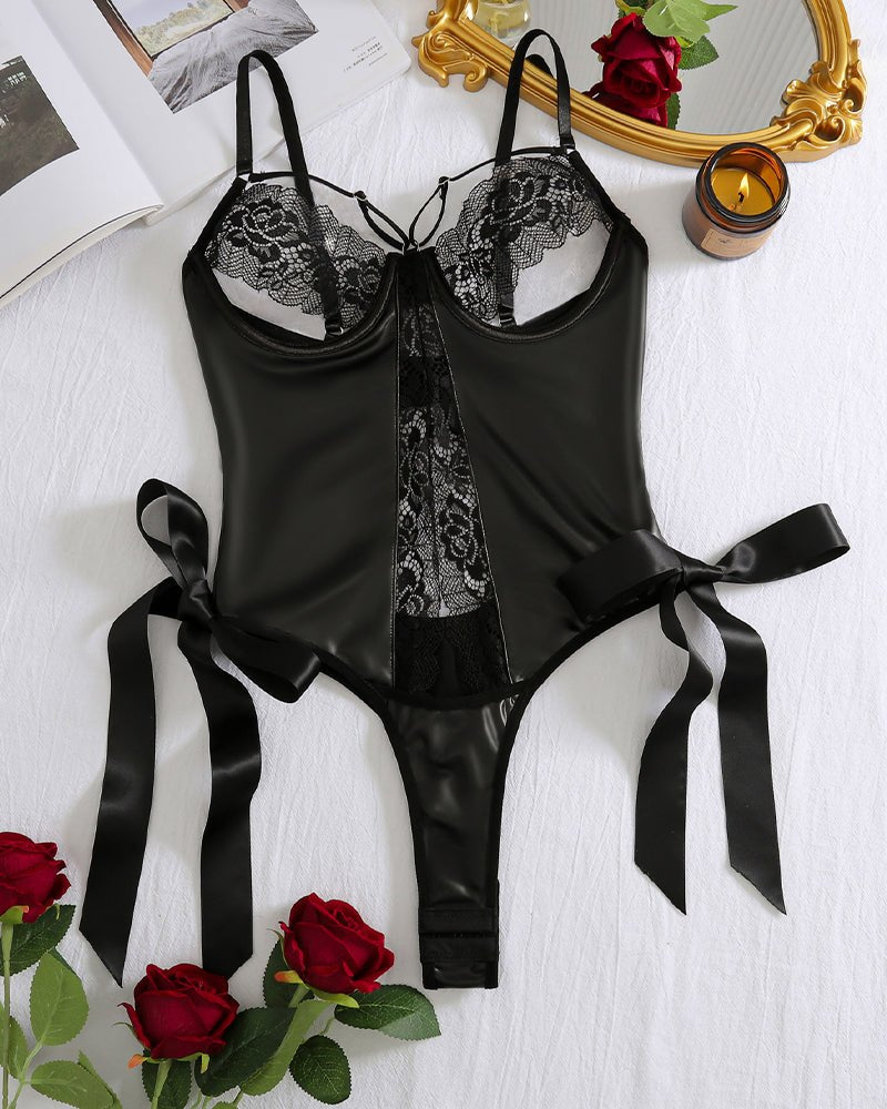 Faux Leather Lace-Up Cutout Bodysuit - Sexy Bodysuit Lingerie