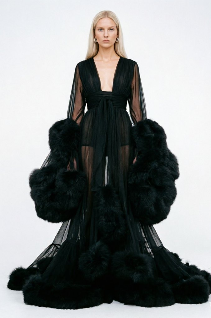 Feather Bell Sleeve Trailing Robe - Sexy Lingerie Robe