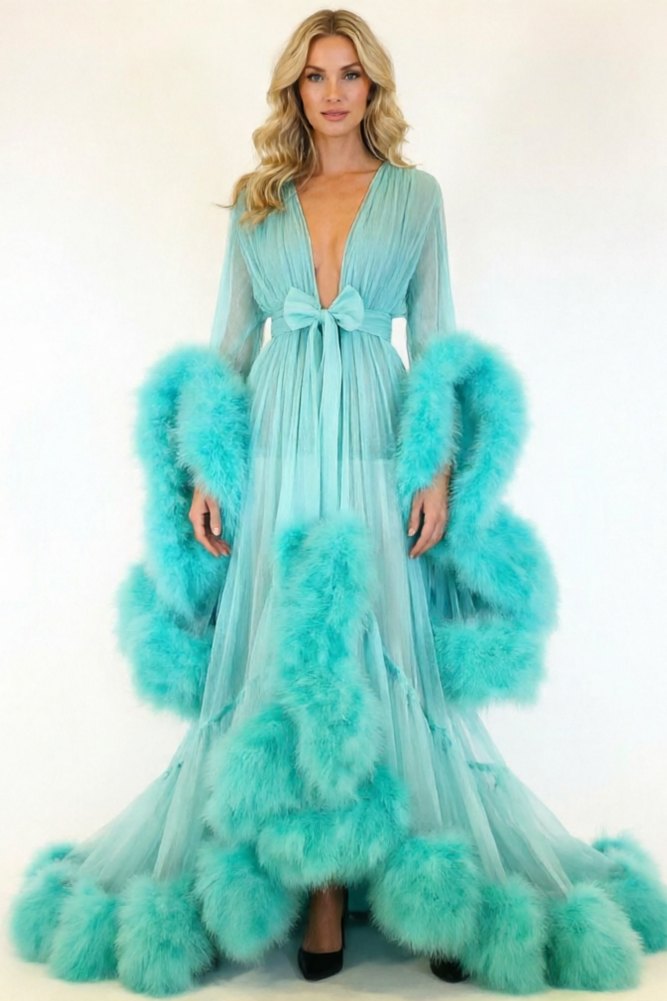 Feather Bell Sleeve Trailing Robe - Sexy Lingerie Robe