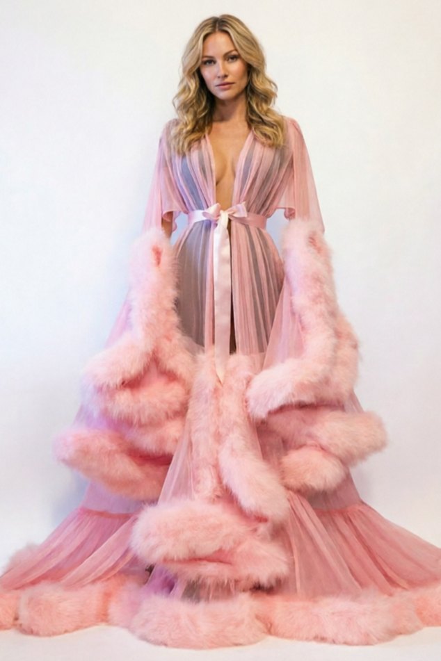 Feather Bell Sleeve Trailing Robe - Sexy Lingerie Robe