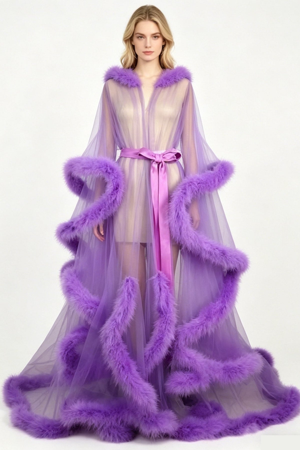 Feather Bell Sleeve Trailing Robe - Sexy Lingerie Robe