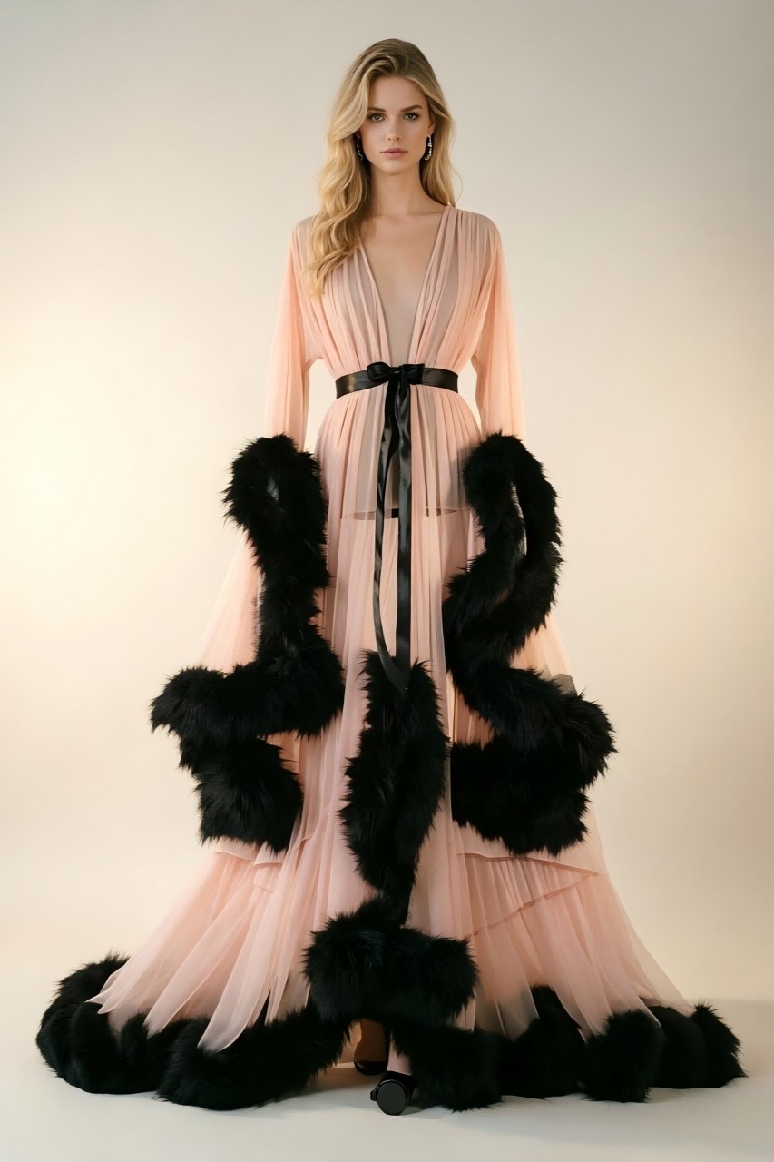 Feather Bell Sleeve Trailing Robe - Sexy Lingerie Robe