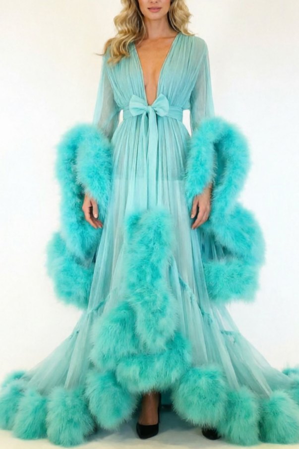 Feather Bell Sleeve Trailing Robe - Sexy Lingerie Robe