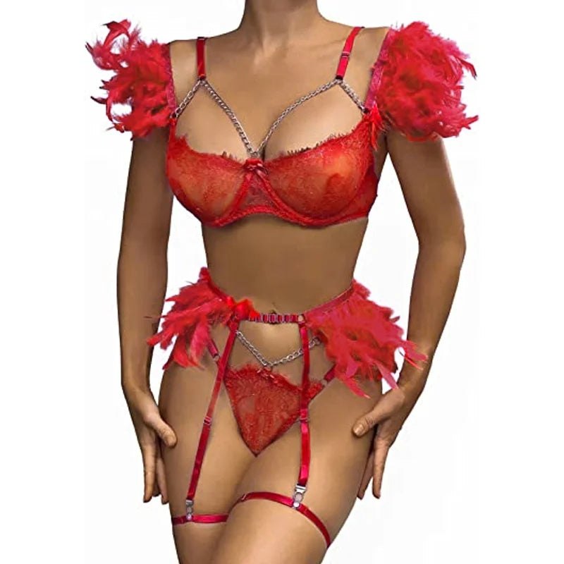 Feather Lace Rhinestone Bra Set - Lingerie Set for Women