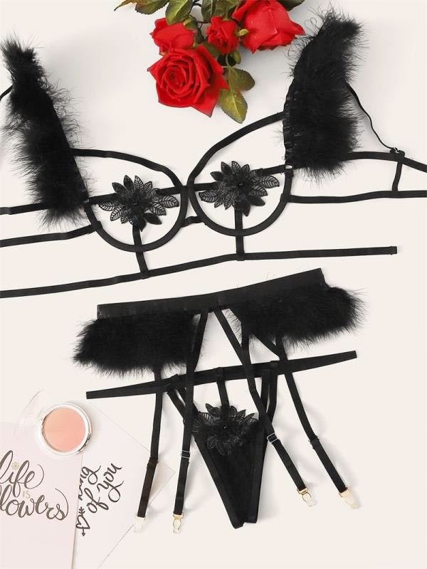 Feather Trim Lace Garter Set - Garter Lingerie Set