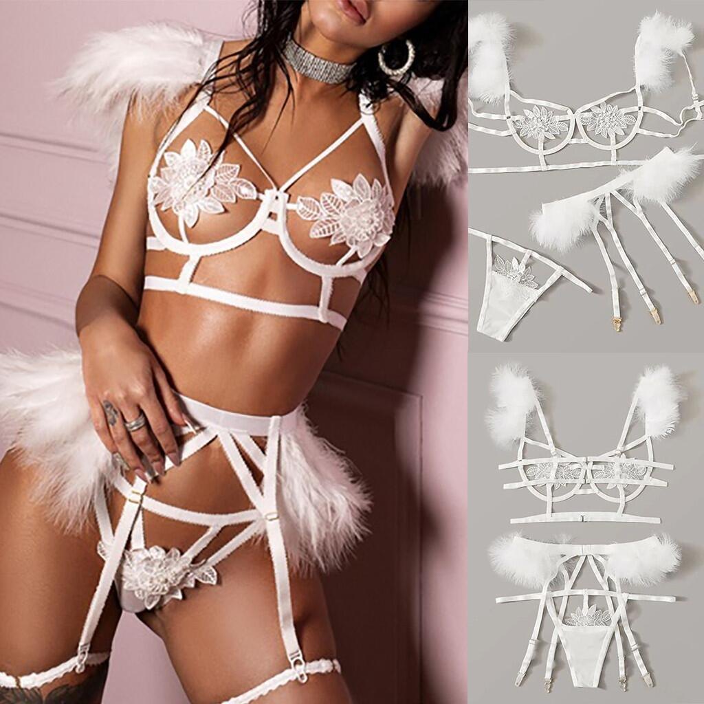 Feather Trim Lace Garter Set - Garter Lingerie Set