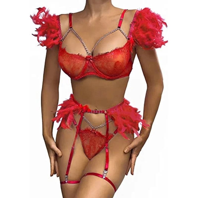 Feather Trim Lace Lingerie Set - Off-Shoulder Garter Set