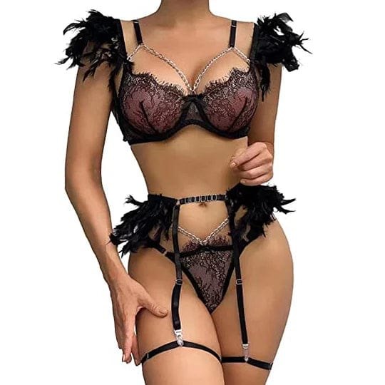 Feather Trim Lace Lingerie Set - Off-Shoulder Garter Set