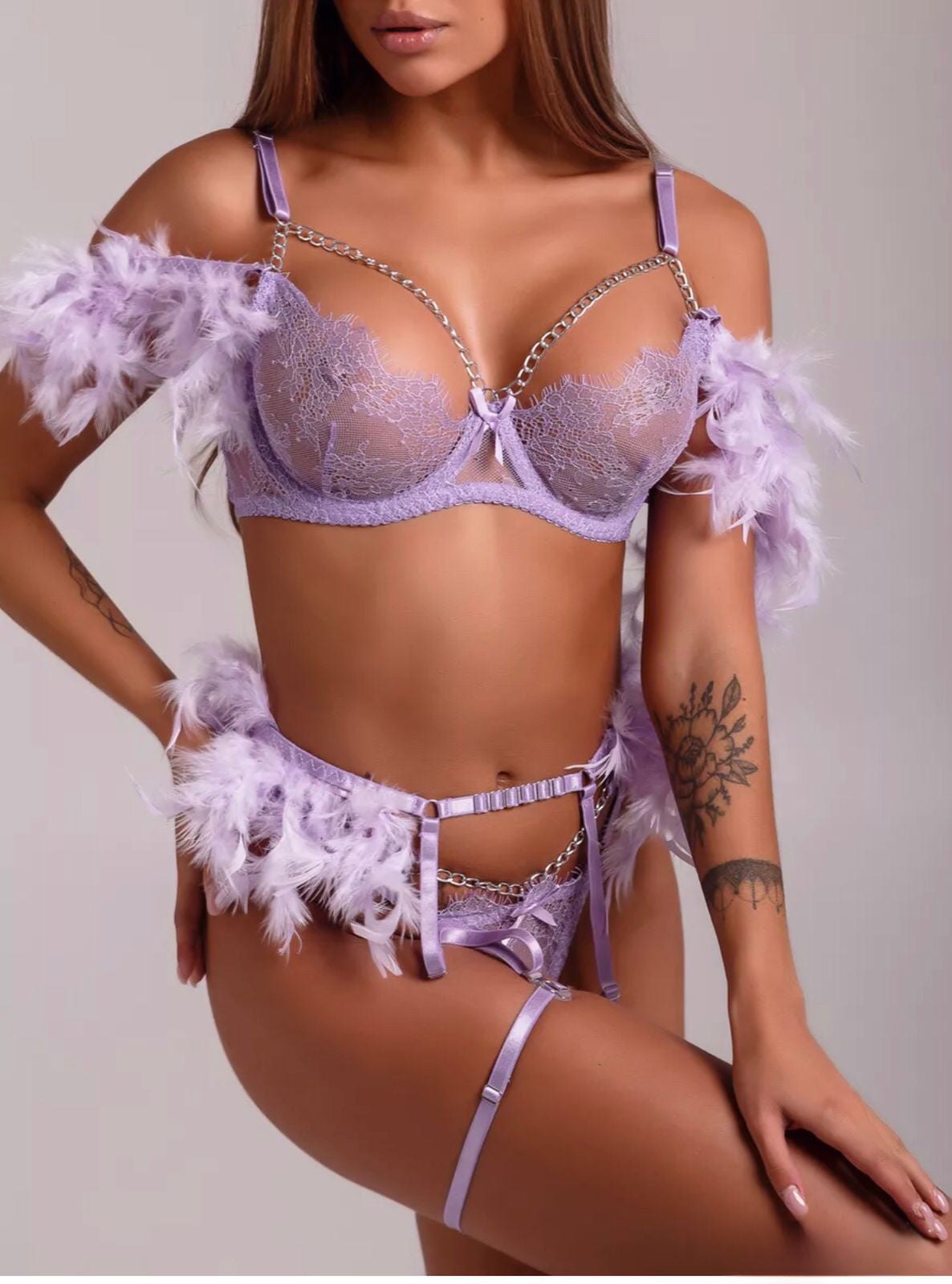 Feather Trim Strappy Garter Set - Garter Lingerie Set