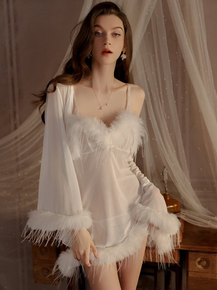 Feather-Trim Swan Slip Dress - Sexy Camisole Set