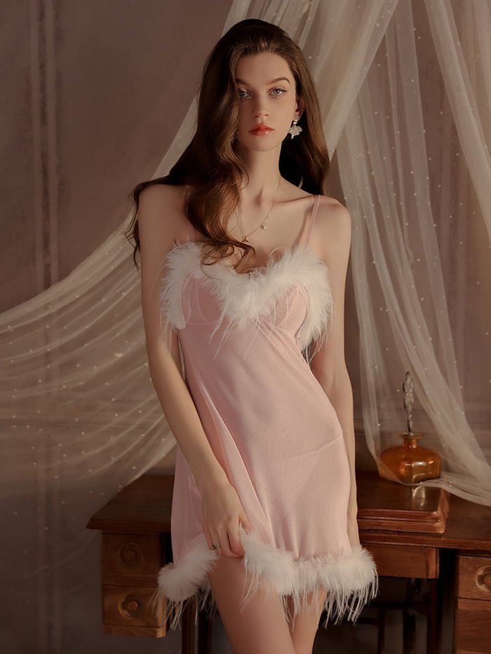 Feather-Trim Swan Slip Dress - Sexy Camisole Set