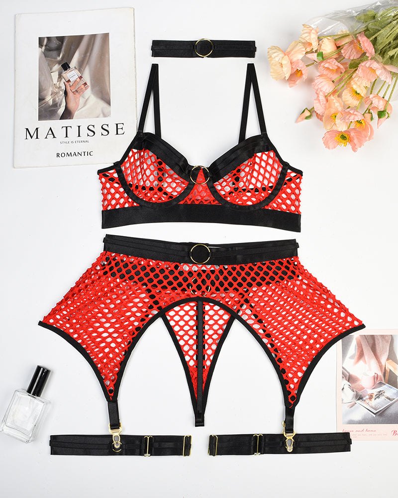 Fishnet Longline Bra Garter Set - Garter Lingerie Set