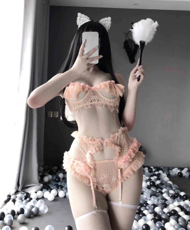 Floral Applique Lace Garter Set - Garter Lingerie Set
