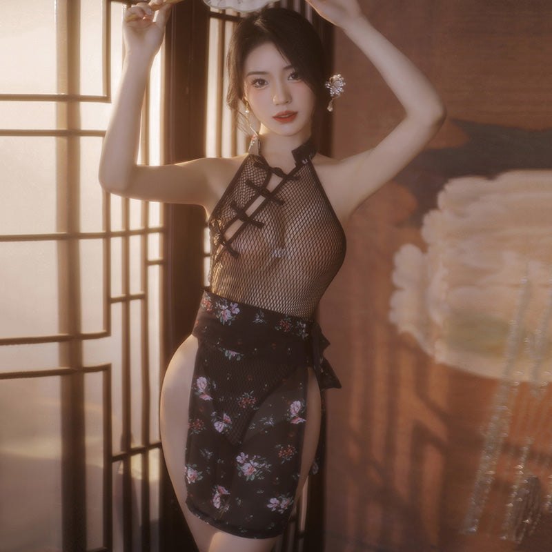Floral Cheongsam Mesh Bodysuit - Lingerie Bodysuit for Women
