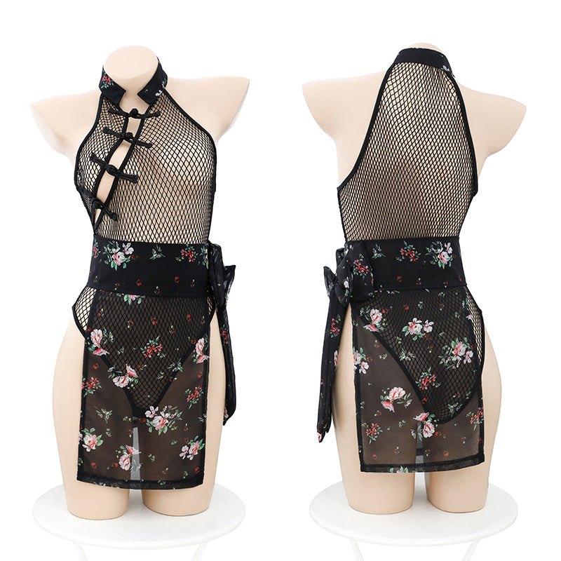 Floral Cheongsam Mesh Bodysuit - Lingerie Bodysuit for Women