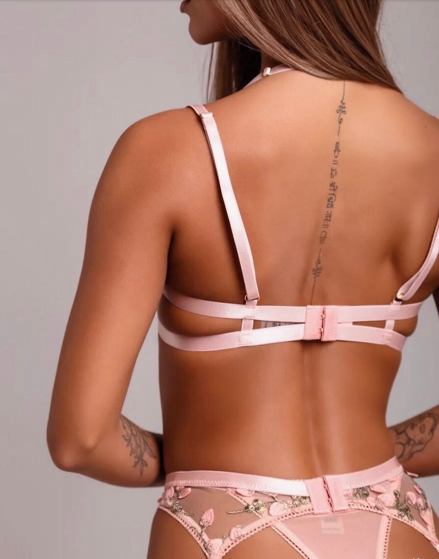 Floral Embroidered Chain Garter Set - Garter Lingerie Set