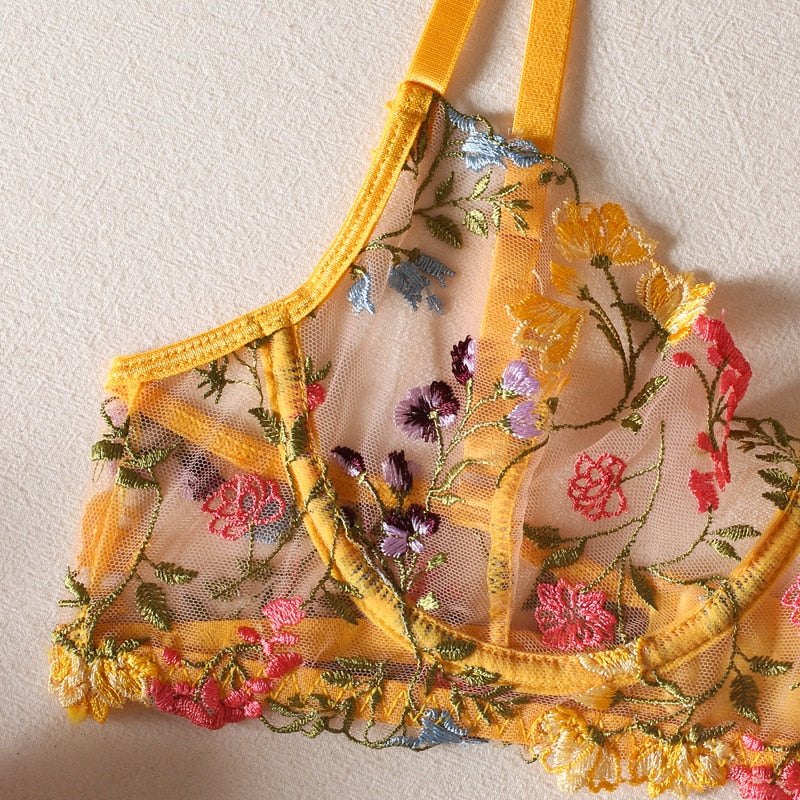 Floral Embroidered Longline Bra Set - Lingerie Set for Women