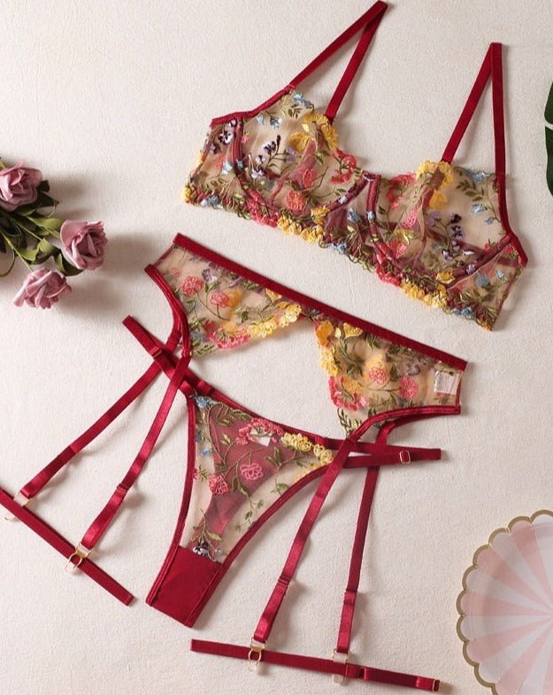 Floral Embroidered Longline Bra Set - Lingerie Set for Women