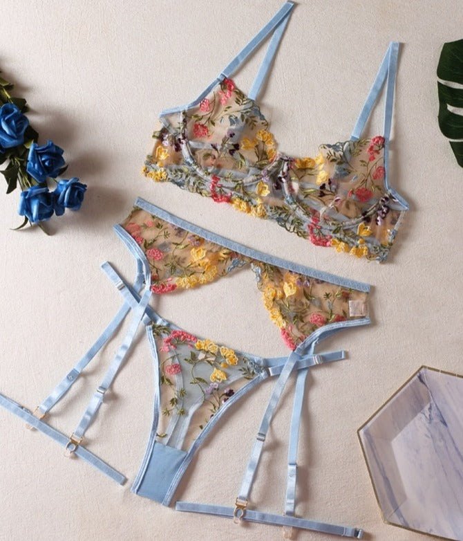 Floral Embroidered Longline Bra Set - Lingerie Set for Women