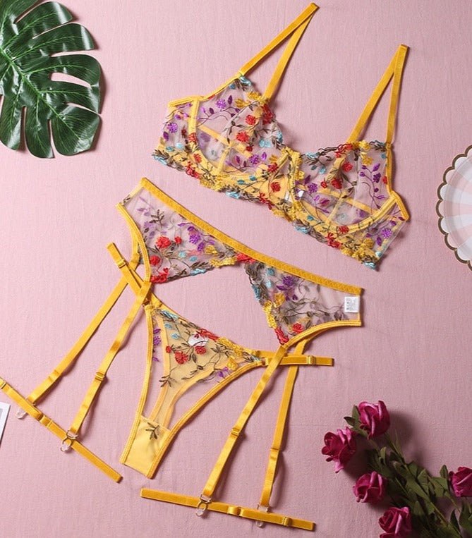Floral Embroidered Longline Bra Set - Lingerie Set for Women