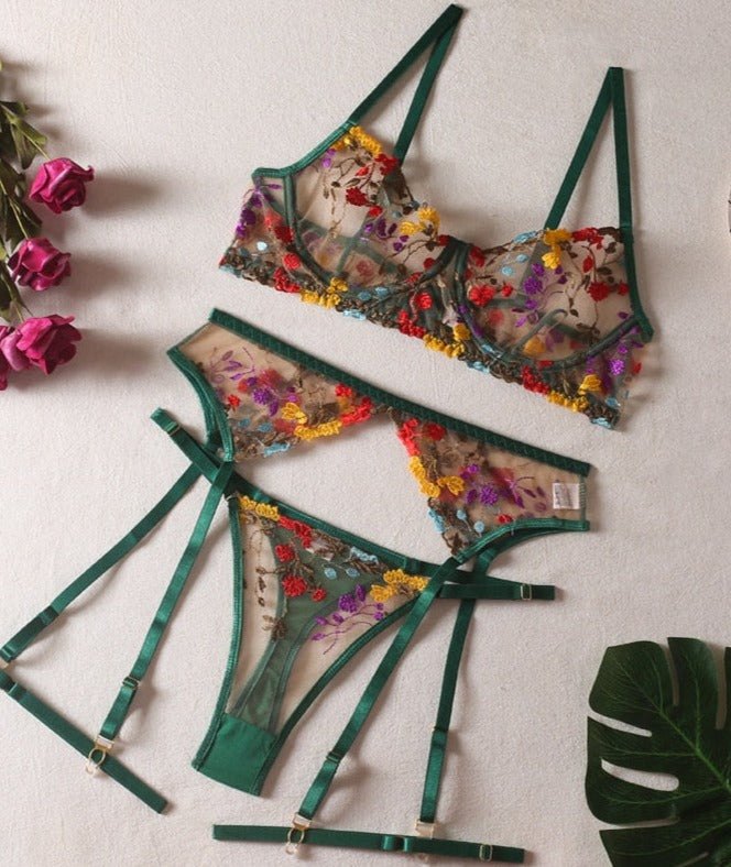 Floral Embroidered Longline Bra Set - Lingerie Set for Women