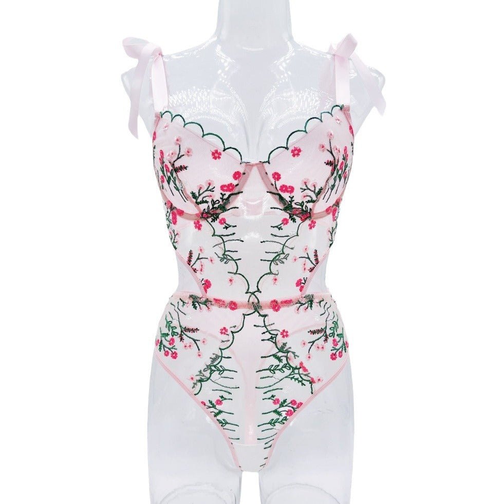 Floral Embroidered Mesh Bodysuit - Sheer Lace Lingerie Set