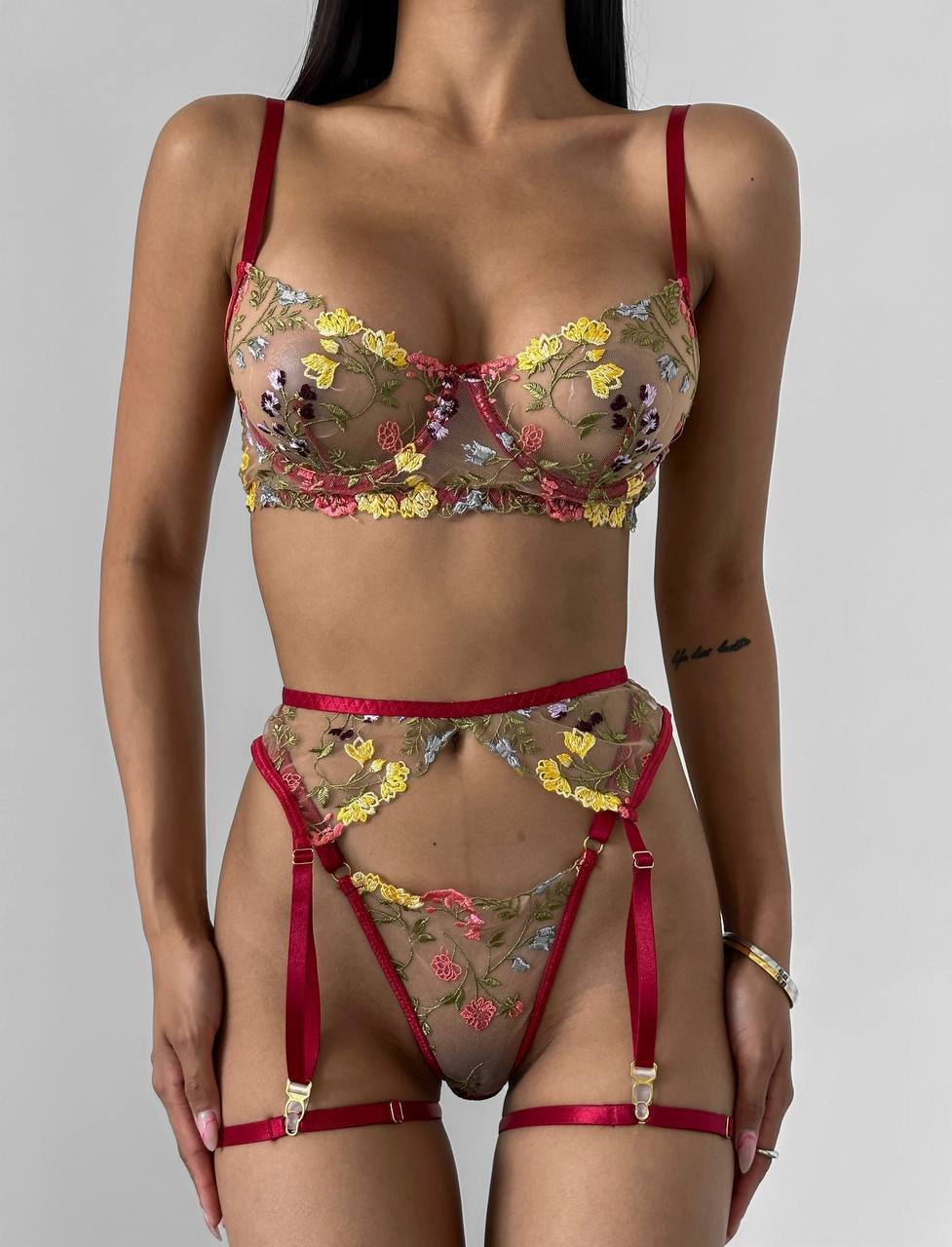 Floral Embroidered Mesh Garter Set - Garter Lingerie Set
