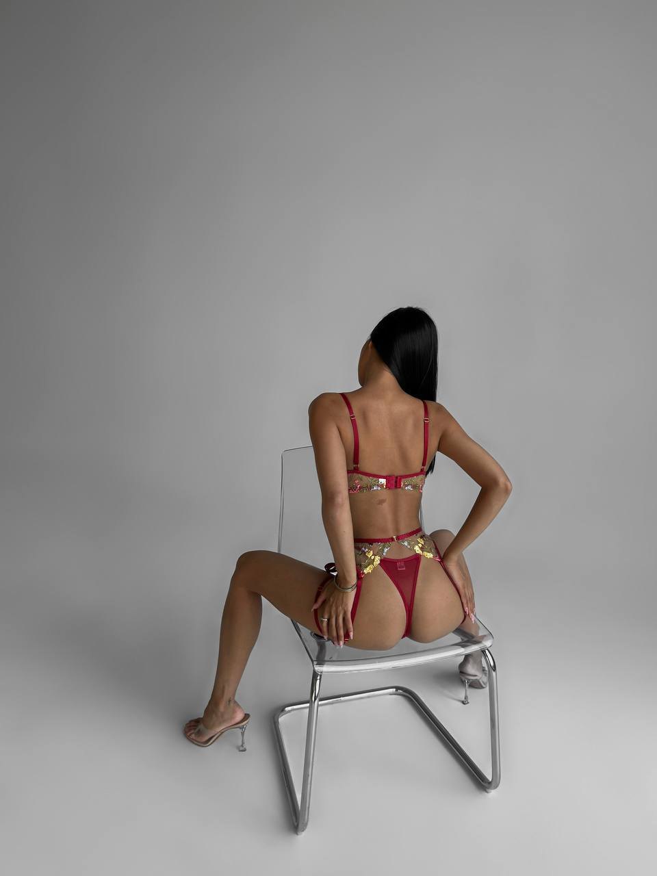 Floral Embroidered Mesh Garter Set - Garter Lingerie Set