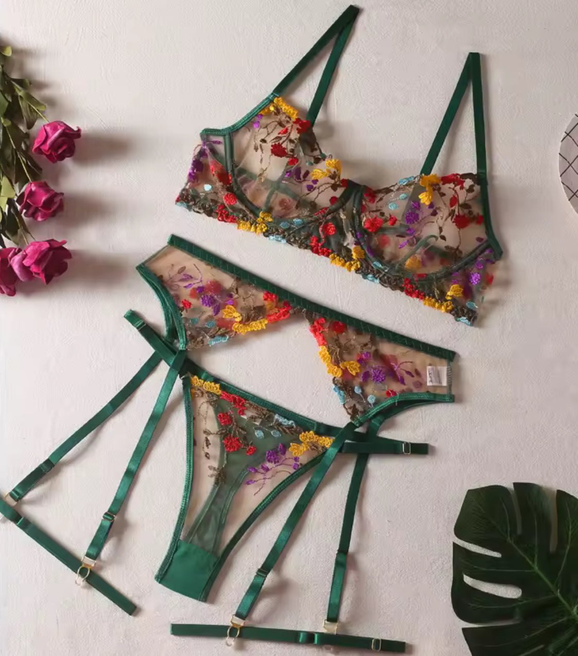 Floral Embroidered Mesh Garter Set - Garter Lingerie Set
