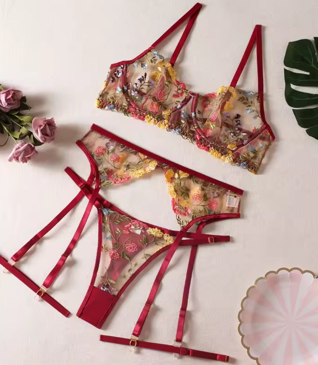Floral Embroidered Mesh Garter Set - Garter Lingerie Set