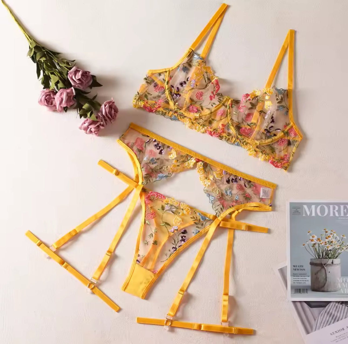 Floral Embroidered Mesh Garter Set - Garter Lingerie Set
