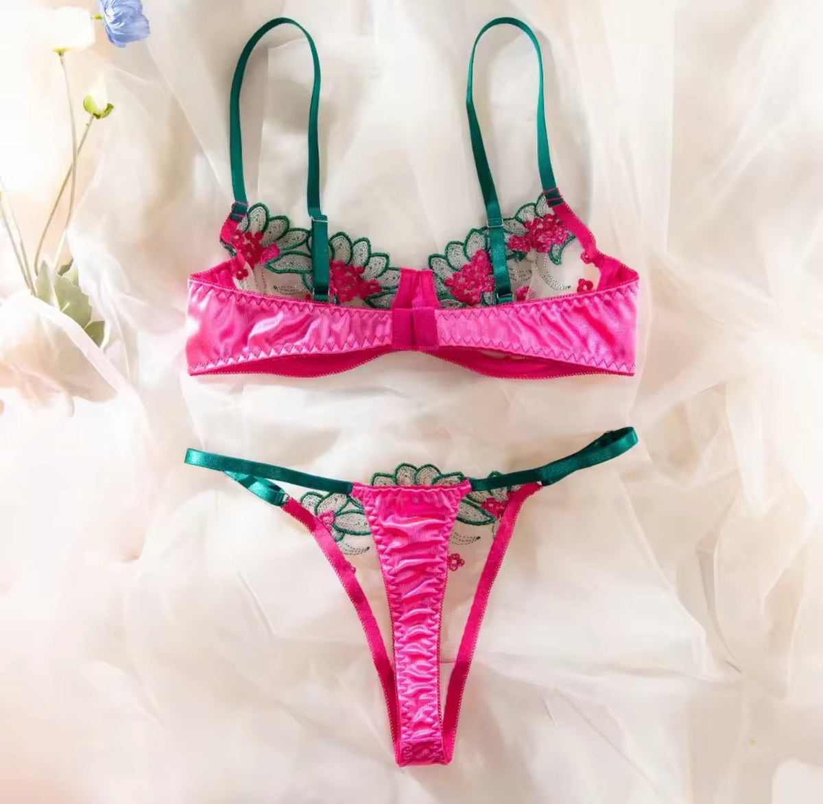 Floral Embroidered Satin Bra Set - Lingerie Set for Women