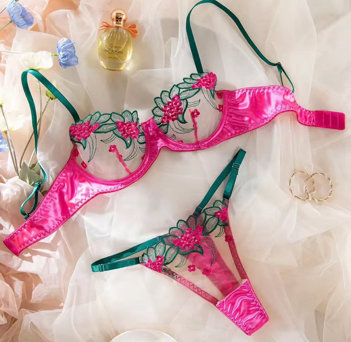 Floral Embroidered Satin Bra Set - Lingerie Set for Women