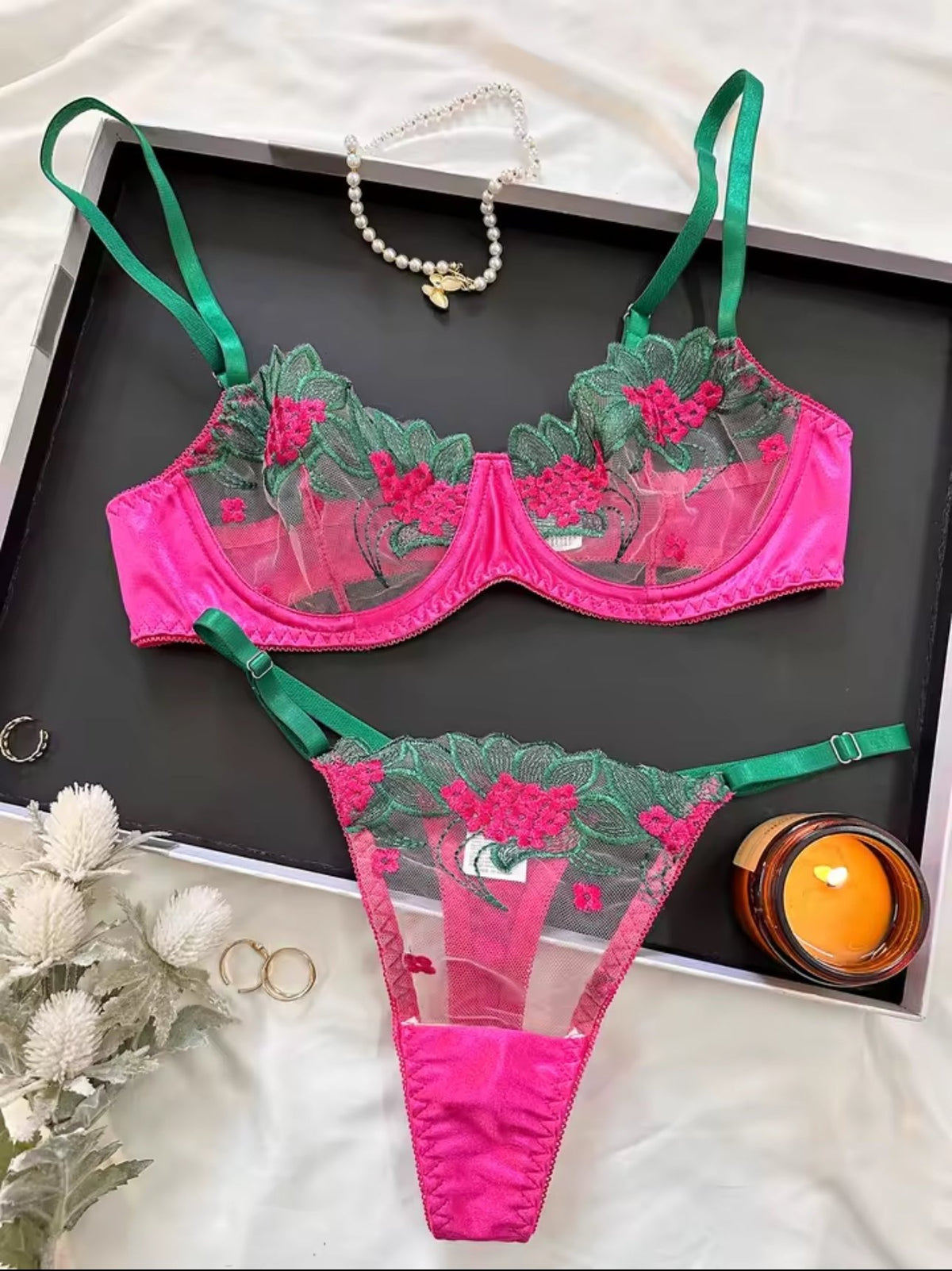 Floral Embroidered Satin Bra Set - Lingerie Set for Women